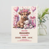 Roze Heilige Koe Hoogland 1e Verjaardag Kaart (Staand voorkant)