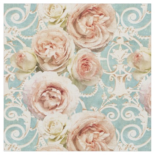  Roze Heirloom Rozen Blauw Damask Stof (Close Up)
