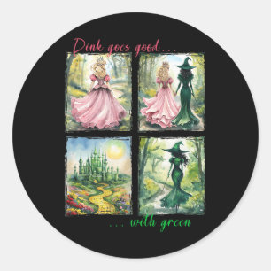 Roze heks gaat goed met groene Halloween heks Ronde Sticker