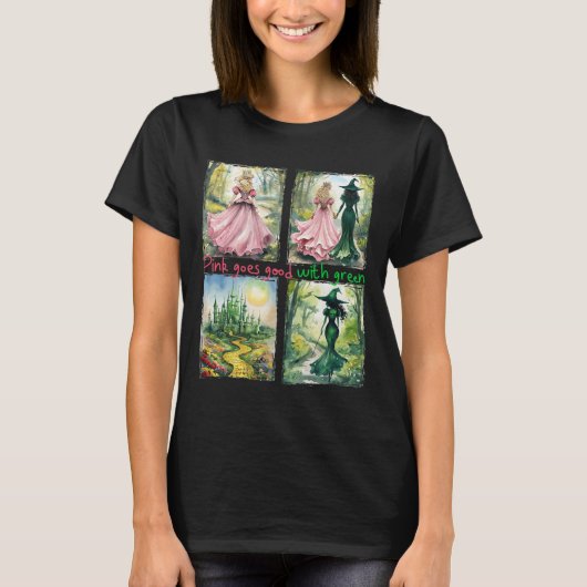 Roze heks gaat goed met groene Halloween heks T-shirt (Voorkant)
