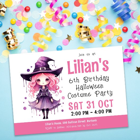 Roze Heks Halloween Kostuum Party Verjaardag Kaart