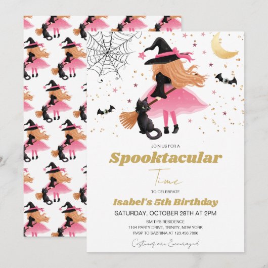 Roze heks Halloween verjaardag uitnodiging (Voorkant / Achterkant)
