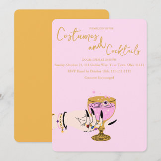 Roze Heksenhand Kostuums en Cocktails Halloween Kaart