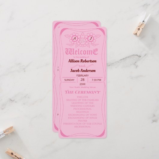 Roze Helder en vet huwelijksprogramma (Voorkant / Achterkant in situ)