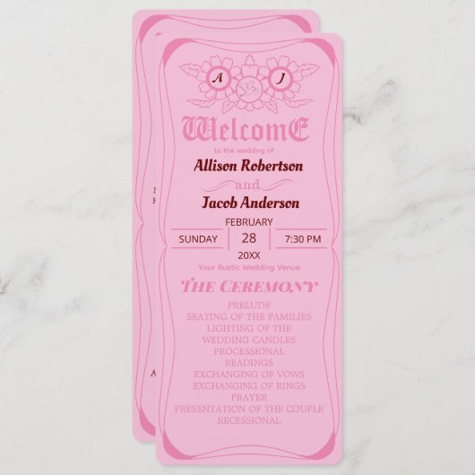 Roze Helder en vet huwelijksprogramma (Voorkant / Achterkant)