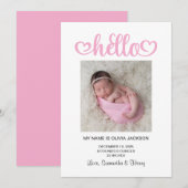 Roze Hello Hearts Script Geboorte Aankondiging (Voorkant / Achterkant)