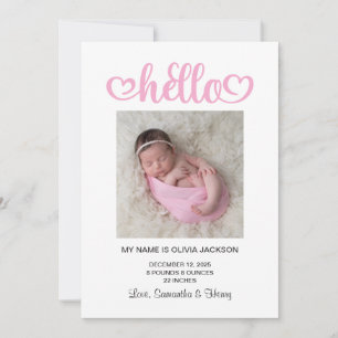 Roze Hello Hearts Script Geboorte Aankondiging