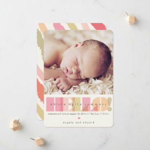 Roze HELLO Typografie Baby Meisje Geboorte Ontwerp Aankondiging