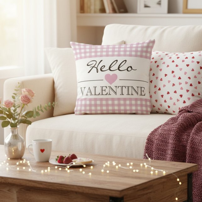Roze Hello Valentine Plaid Gingham Kussen (Creator heeft geüpload)