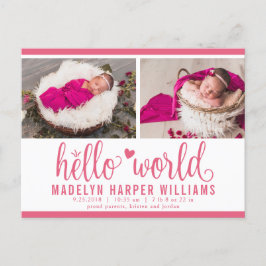Roze Hello World Foto Geboorte Stat Aankondigingskaart