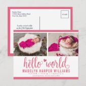 Roze Hello World Foto Geboorte Stat Aankondigingskaart (Voorkant / Achterkant)