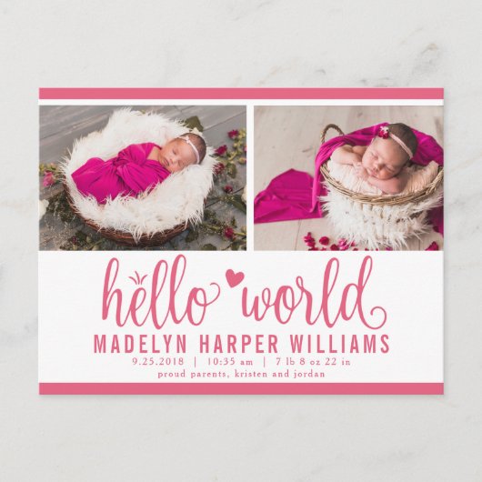 Roze Hello World Foto Geboorte Stat Aankondigingskaart (Voorkant)
