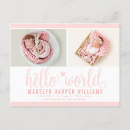 Roze Hello World Foto Geboorte Stat Aankondigingskaart