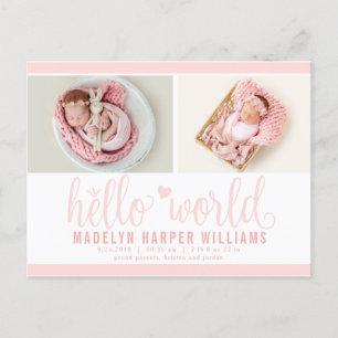 Roze Hello World Foto Geboorte Stat Aankondigingskaart