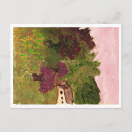 Roze hemel, landschap, huis, briefkaart