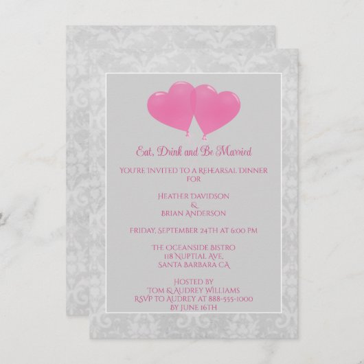 Roze hemelballonnen repetitie met binnenste uitnod kaart (Voorkant / Achterkant)