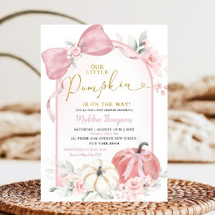 Roze herfst bloem coquette pompoen baby shower kaart