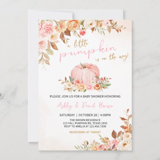Roze Herfst Floral Pumpkin Baby shower Kaart (Voorkant)