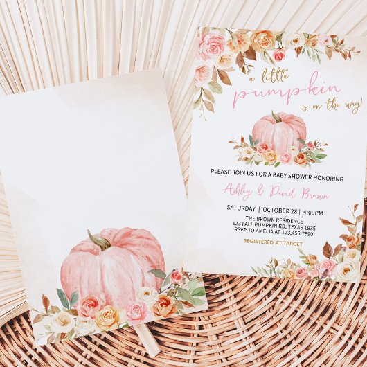 Roze Herfst Floral Pumpkin Baby shower Kaart