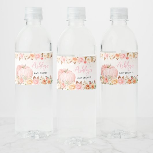 Roze Herfst Floral Pumpkin Baby shower Waterfles Etiket (Flessen)