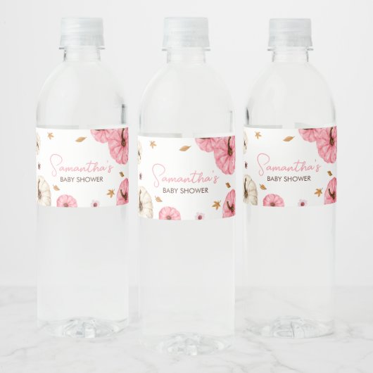 Roze Herfst kleine pompoen Baby shower Waterfles Etiket (Flessen)
