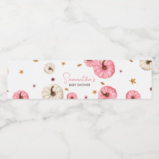 Roze Herfst kleine pompoen Baby shower Waterfles Etiket (Enkel label)