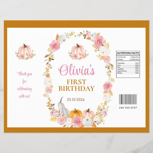 Roze Herfst Pompoen 1e Verjaardag Chip Bag Wrapper Flyer (Voorkant)