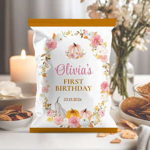 Roze Herfst Pompoen 1e Verjaardag Chip Bag Wrapper Flyer