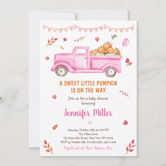Roze Herfst Pumpkin Truck Baby shower Uitnodiging (Voorkant)