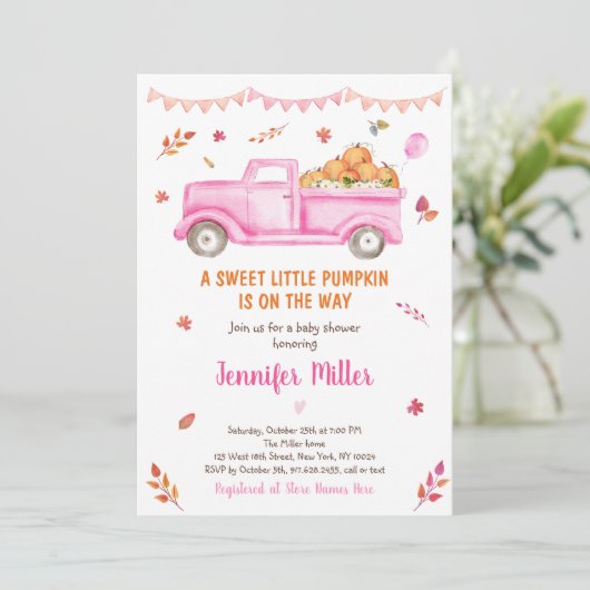 Roze Herfst Pumpkin Truck Baby shower Uitnodiging (Staand voorkant)