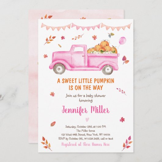 Roze Herfst Pumpkin Truck Baby shower Uitnodiging (Voorkant / Achterkant)