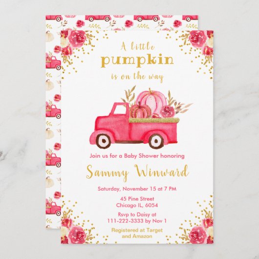 Roze Herfst Truck Pumpkin Baby shower Kaart (Voorkant / Achterkant)