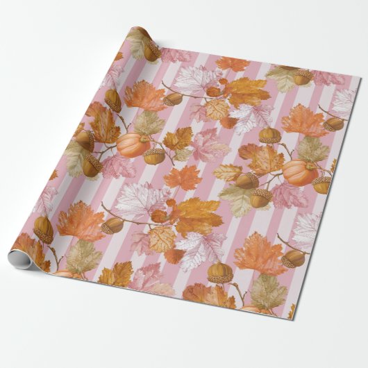 Roze herfstbladeren en eikels Patroon - Herfst Cadeaupapier (Uitgerold)