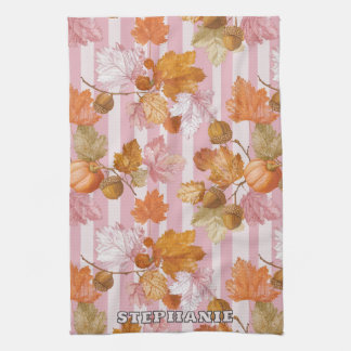 Roze herfstbladeren en eikels Patroon - Herfst Theedoek