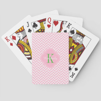 Roze Herringbone Green Monogram Pokerkaarten