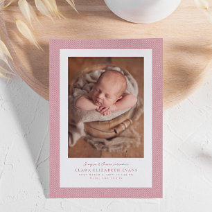 Roze herringbone tweed lijst eenvoudige foto geboo aankondiging