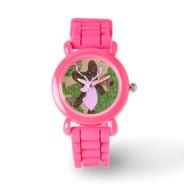 Roze hert en glitter camo Horloge (Voorkant)