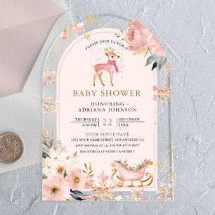 Roze Herten Winter Wonderland Boog Baby Shower Acryl Uitnodigingen