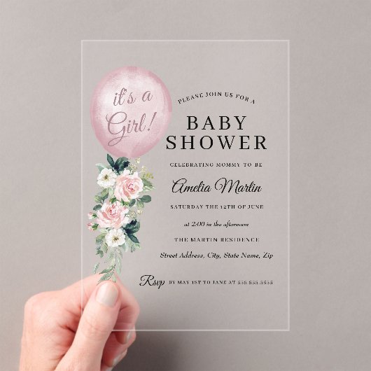 Roze Het is een Girl Balloon Baby shower Acryl Uitnodigingen (Insitu (Draagbaar))