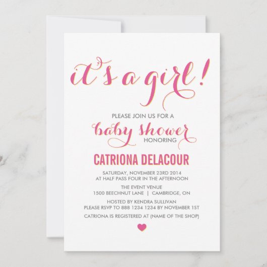 Roze Het is een Girl Typography Baby shower Invita Kaart (Voorkant)