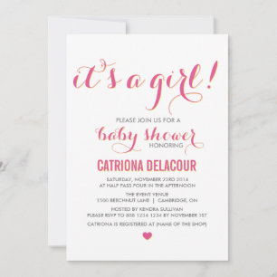 Roze Het is een Girl Typography Baby shower Invita Kaart