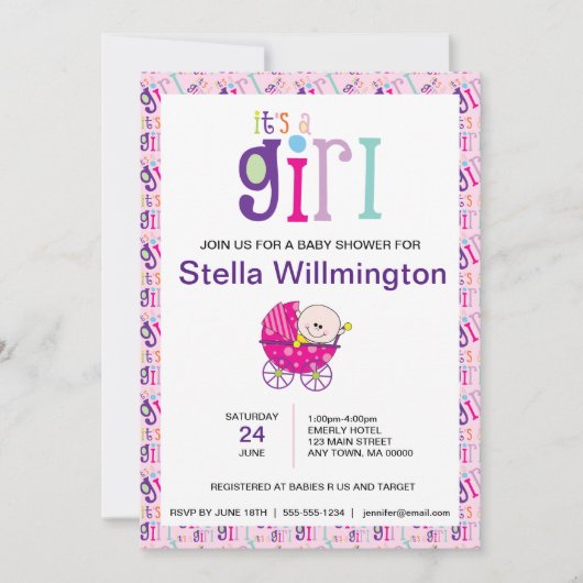 Roze Het is een Meisje Baby Carriage Polka Dot Pat Kaart (Voorkant)