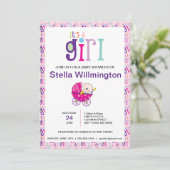 Roze Het is een Meisje Baby Carriage Polka Dot Pat Kaart (Staand voorkant)