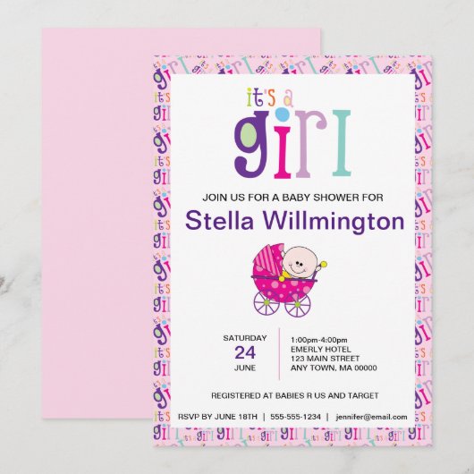 Roze Het is een Meisje Baby Carriage Polka Dot Pat Kaart (Voorkant / Achterkant)