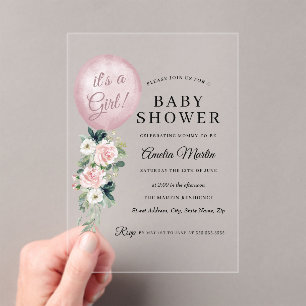 Roze Het is een meisje ballon baby shower Acryl Uitnodigingen