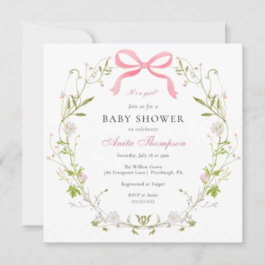 Roze Het is een Meisje Bloemen Bow Baby shower Kaart (Voorkant)