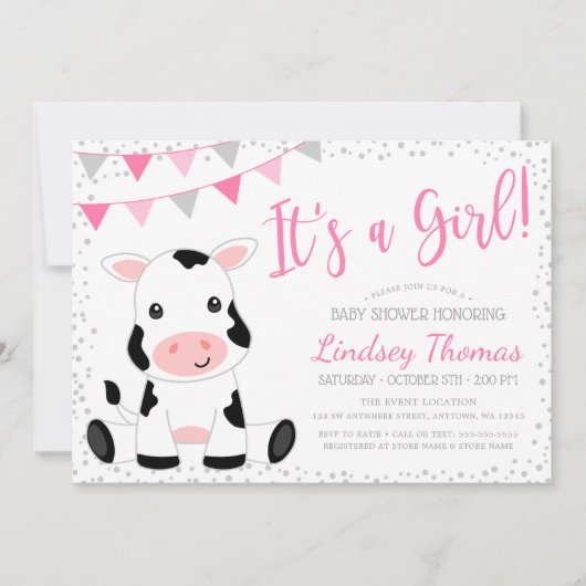 Roze Het is een meisje Koe Baby Shower Kaart (Voorkant)