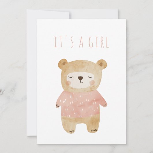 Roze Het is een meisje Waterverf schattig Beer Bab Kaart (Voorkant)