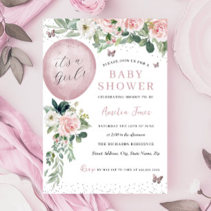 Roze Het is een meisjesballon vlinder baby shower Kaart