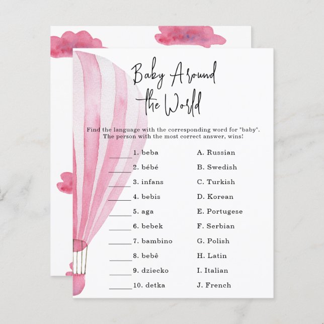 Roze hete luchtballon - Baby rond de wereld spel (Voorkant / Achterkant)